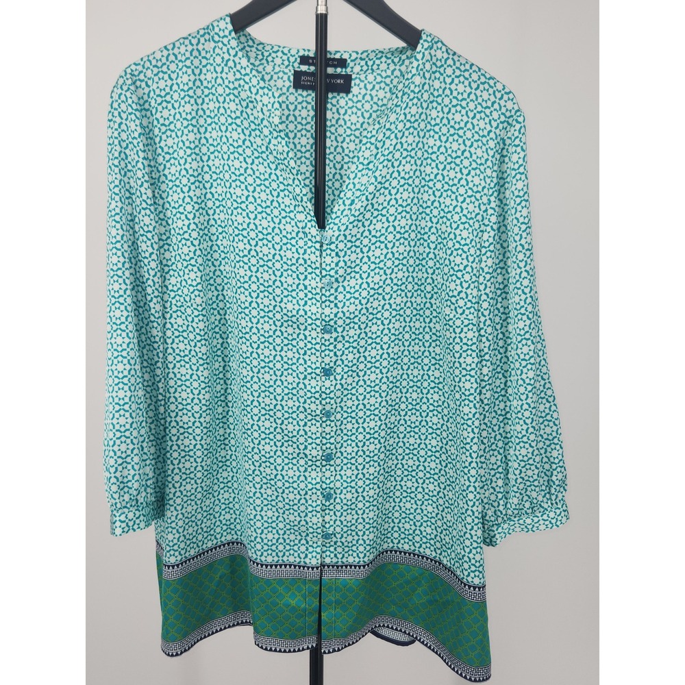 Jones New York Signature Teal Geometric Border Hem Button Front Blouse XL